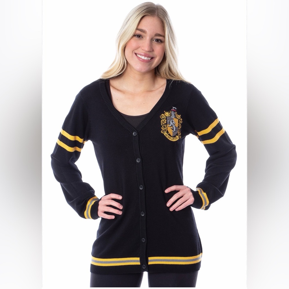 ✨🖤 Harry Potter Hufflepuff Crest‎ Black Button Cardigan Sweater XL 🖤✨